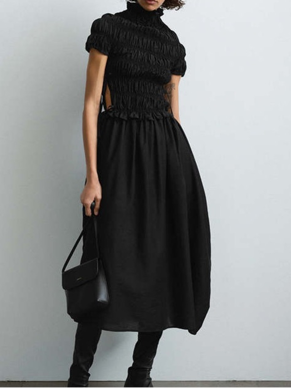 Cordera Sculpted Dress Black Smocked Dress with High Neck OS HTF